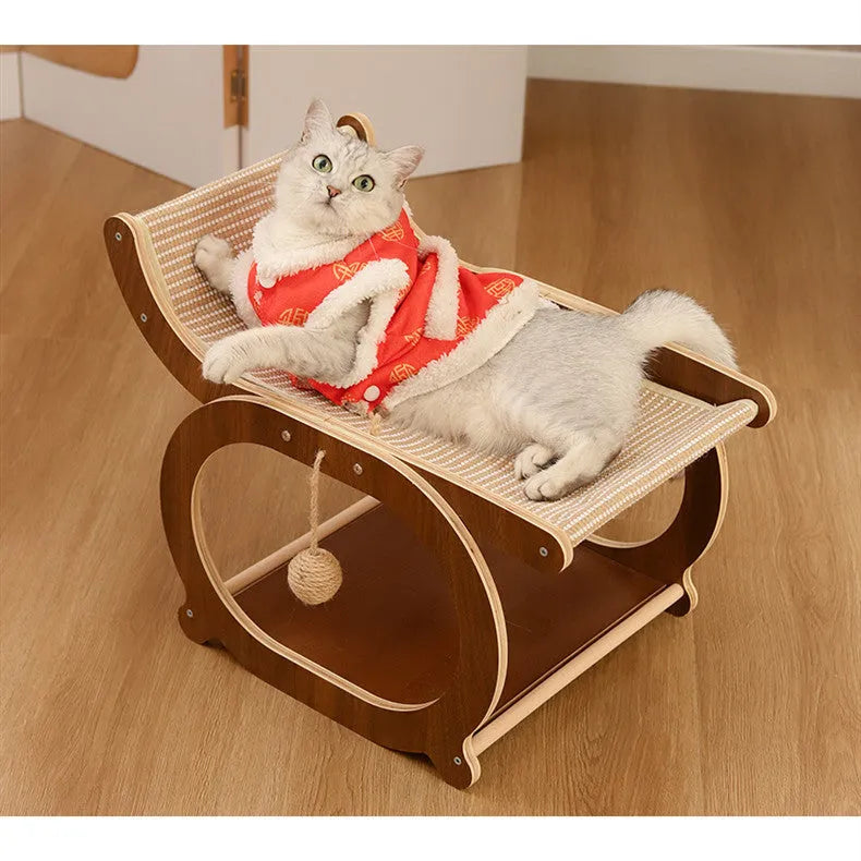 Solid wood cat scratcher and bed with sisal scratching surface in walnut colour