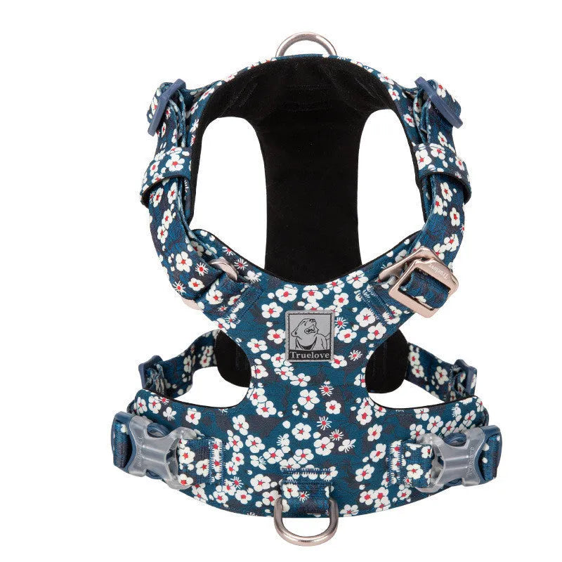 Floral patterned pure cotton dog chest harness with adjustable straps for walking control