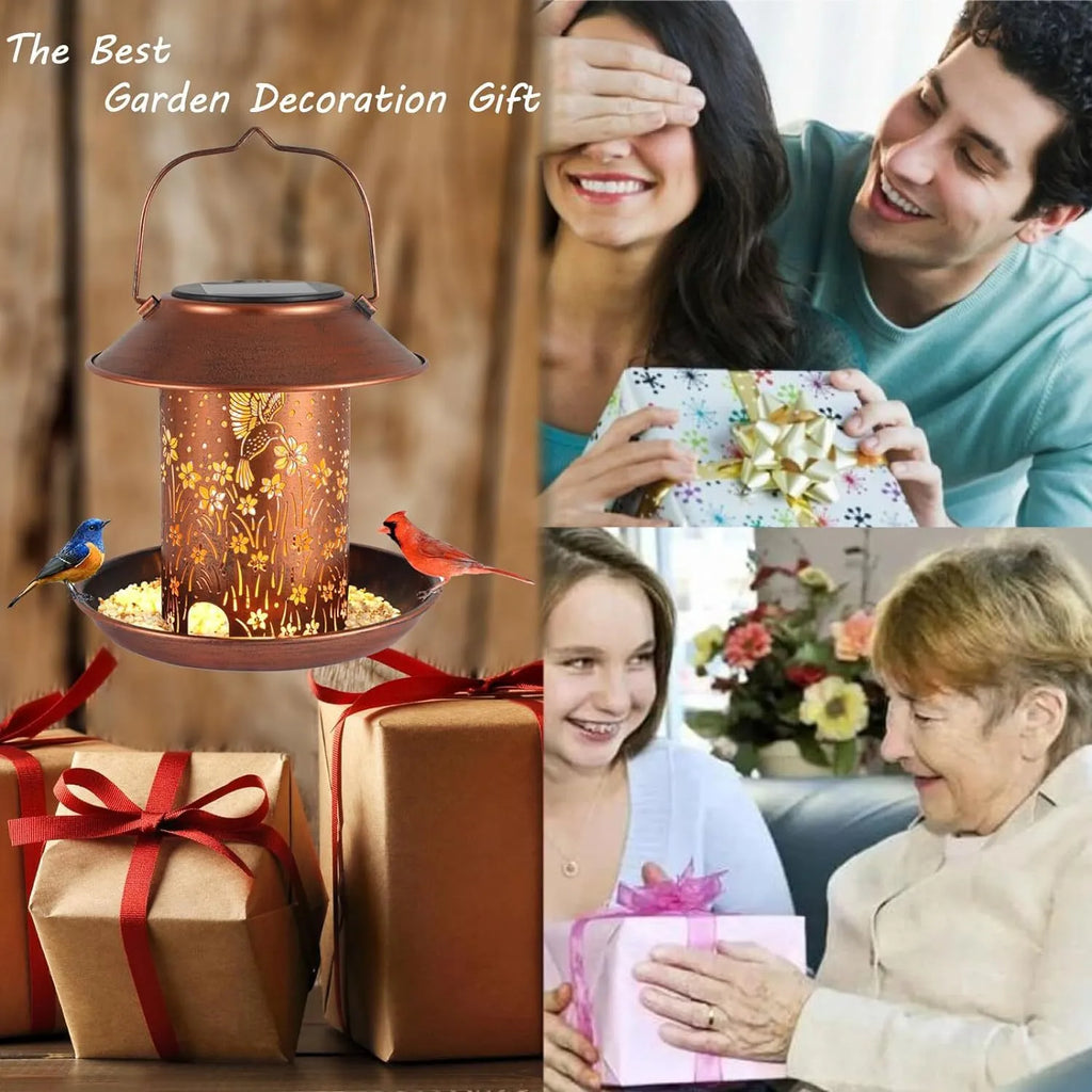 Solar-powered iron art bird feeder lamp with hummingbird pattern design for outdoor gardens