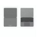 Grey wireless Bluetooth folding keyboard shown in open and closed positions for use with phones and tablets.