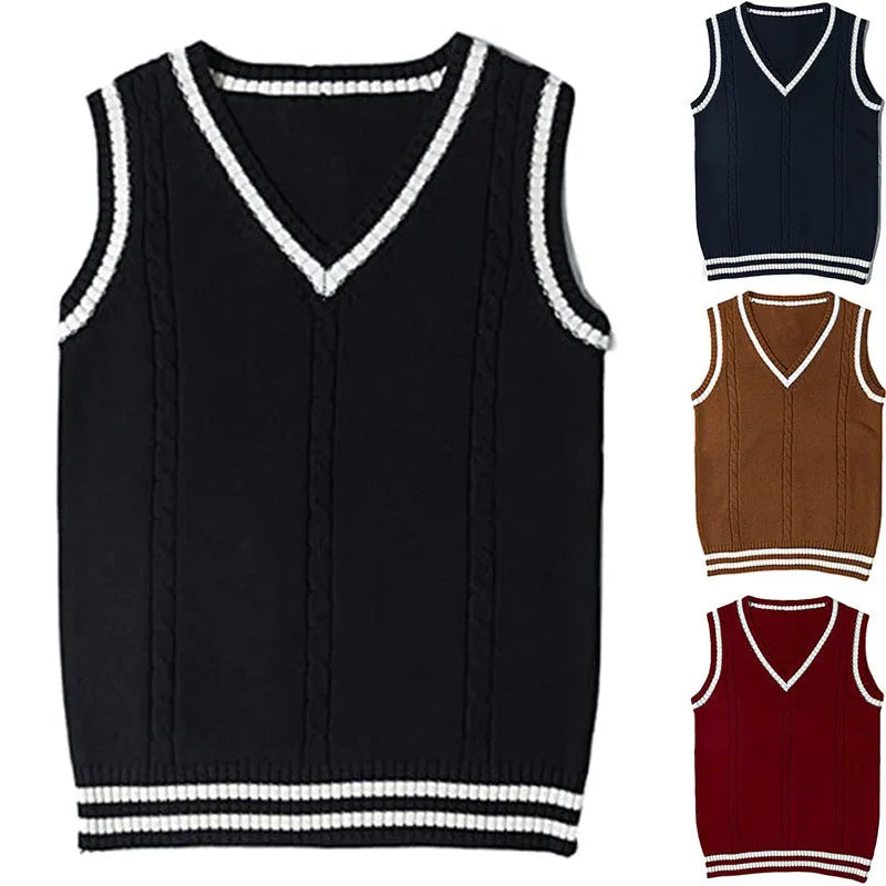 Women's V-neck knitted waistcoat sweater with striped stitching detail in acrylic fibre