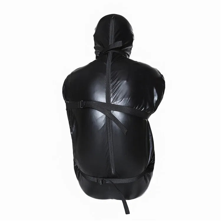 Black patent leather bondage set showing full coverage body wrap with six ratchet tie down restraints
