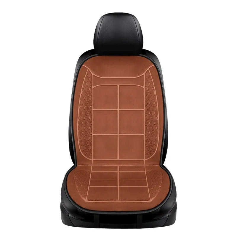 Heated car seat cushion in beige, black, and coffee colours showing single, double, and rear seat size options