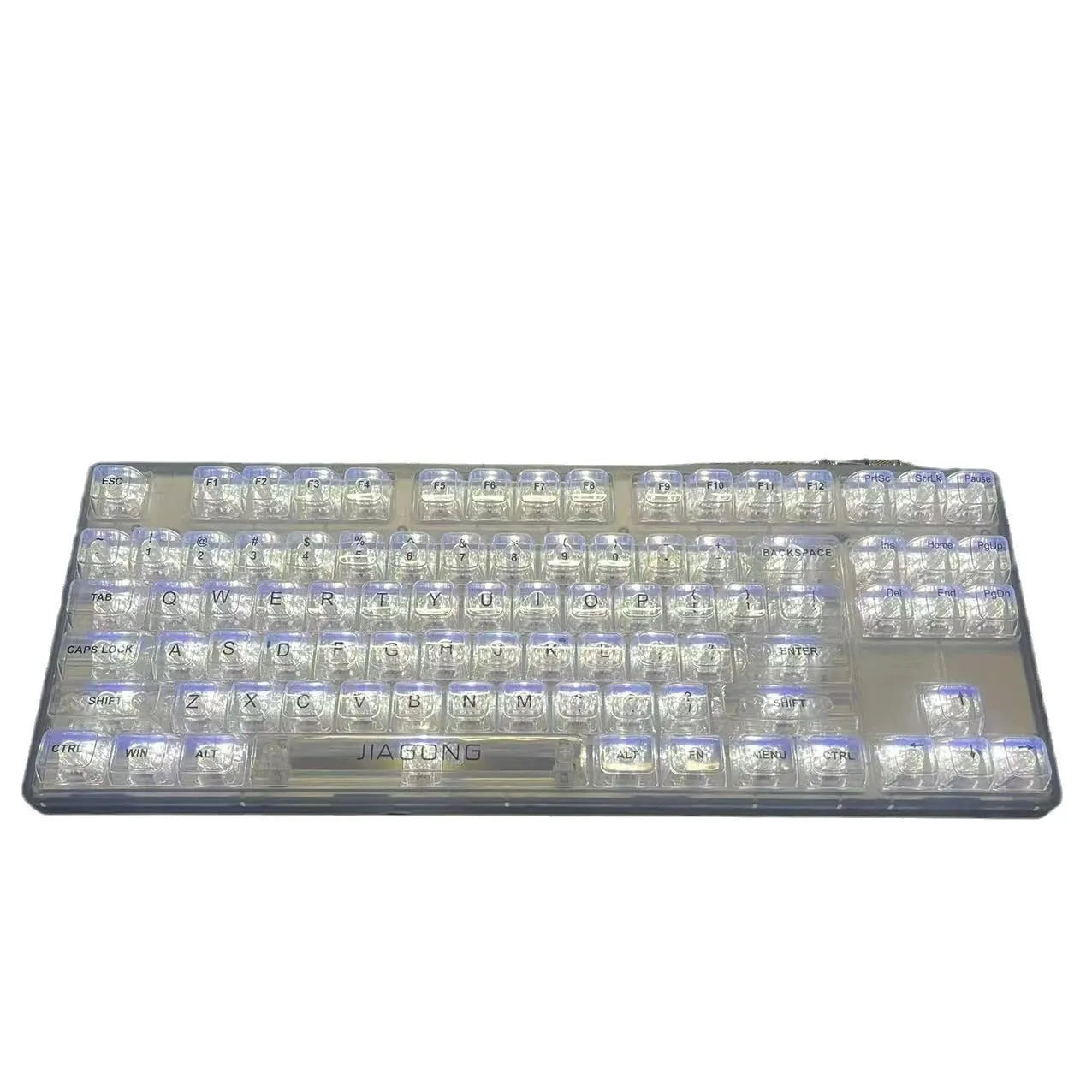 Full set of 132 transparent plastic key caps for mechanical keyboards laid out.