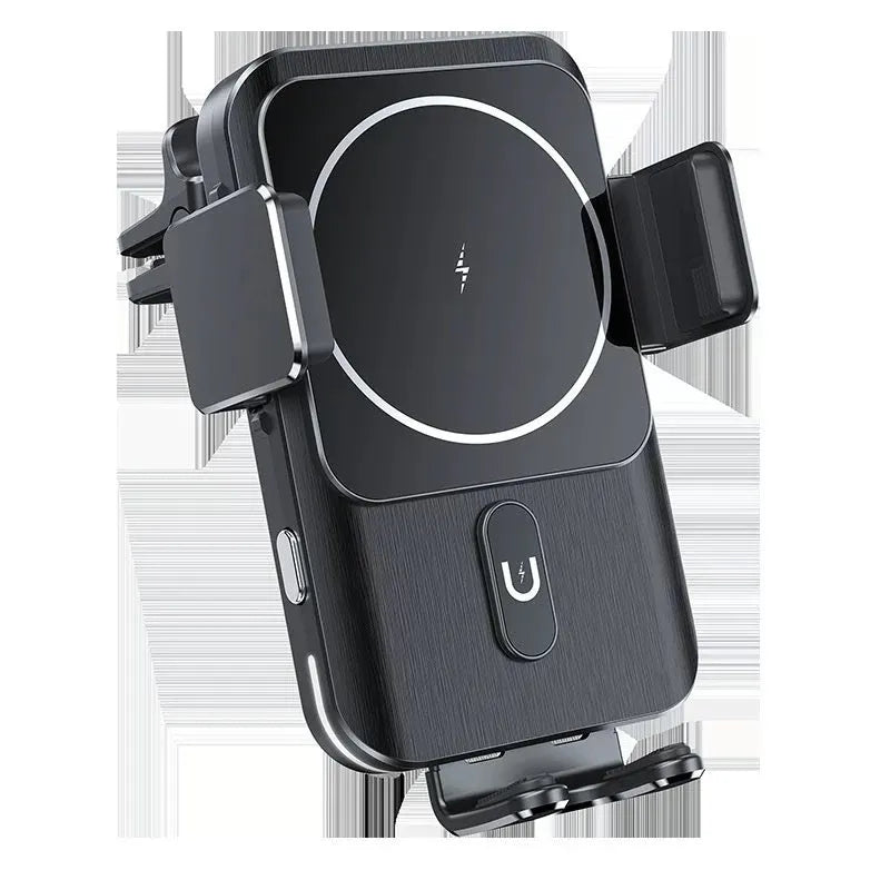 Black car wireless phone charger holder with 15W charging pad shown with clip and suction cup bracket options.