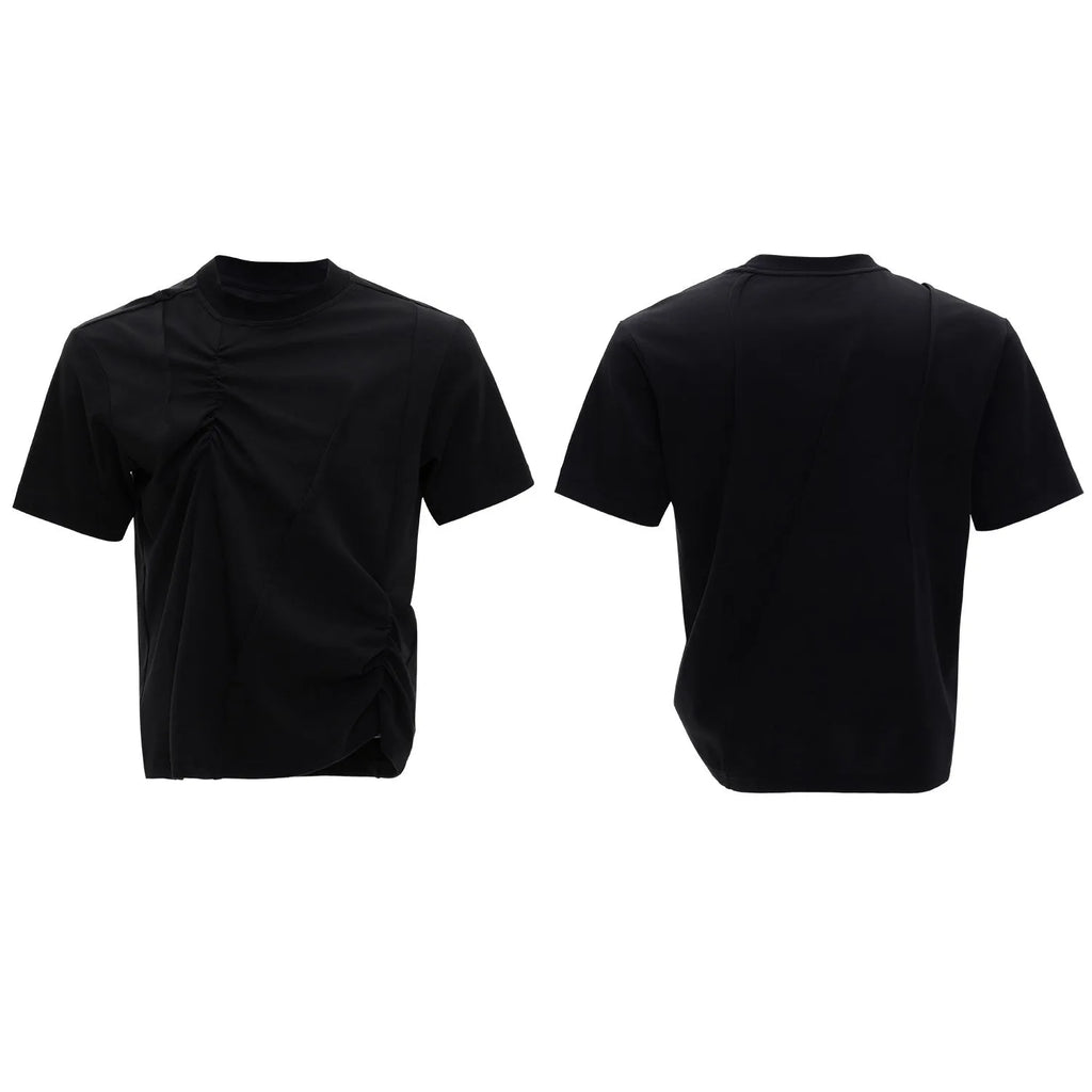 Men's loose grey cotton T-shirt with pleated detail and round neck.