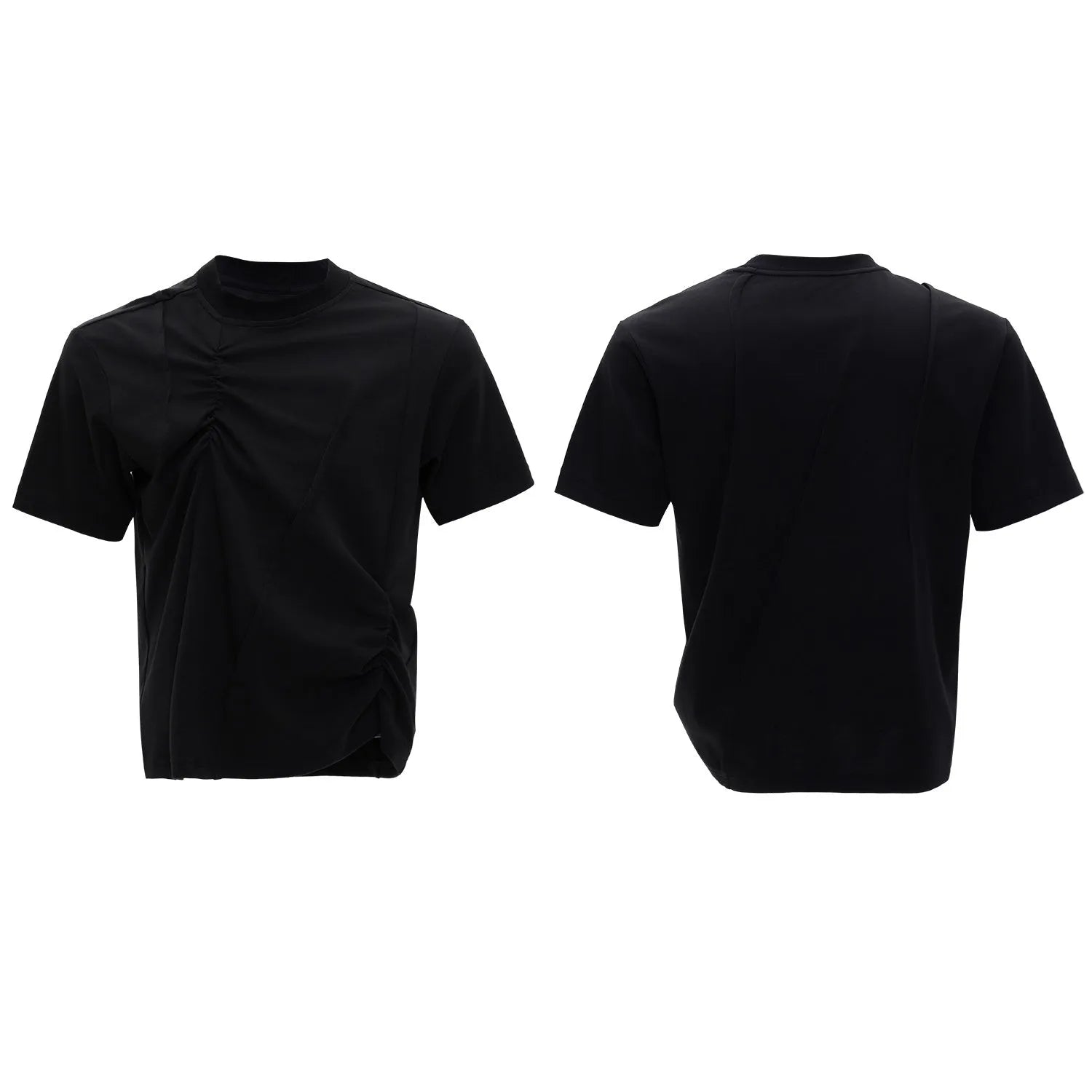 Men's loose grey cotton T-shirt with pleated detail and round neck.