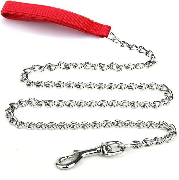 Heavy duty metal dog leash chain with soft padded handle in black, blue, or red for large medium dogs