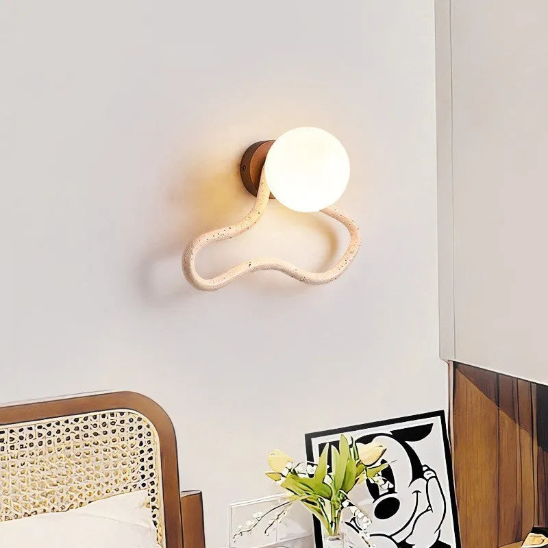 Middle ancient cream style bedroom bedside wall lamp with M white travertine and solid wood base, 30cm length, warm light