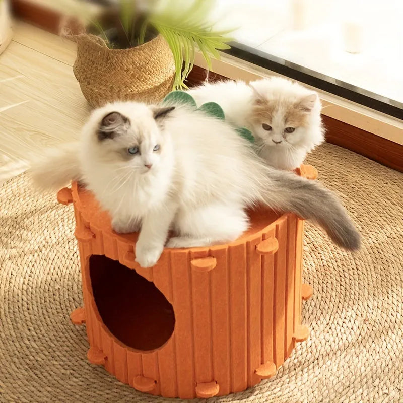 Handmade felt cat nest tunnel with semi-enclosed design and drilled openings, shown in M and L sizes