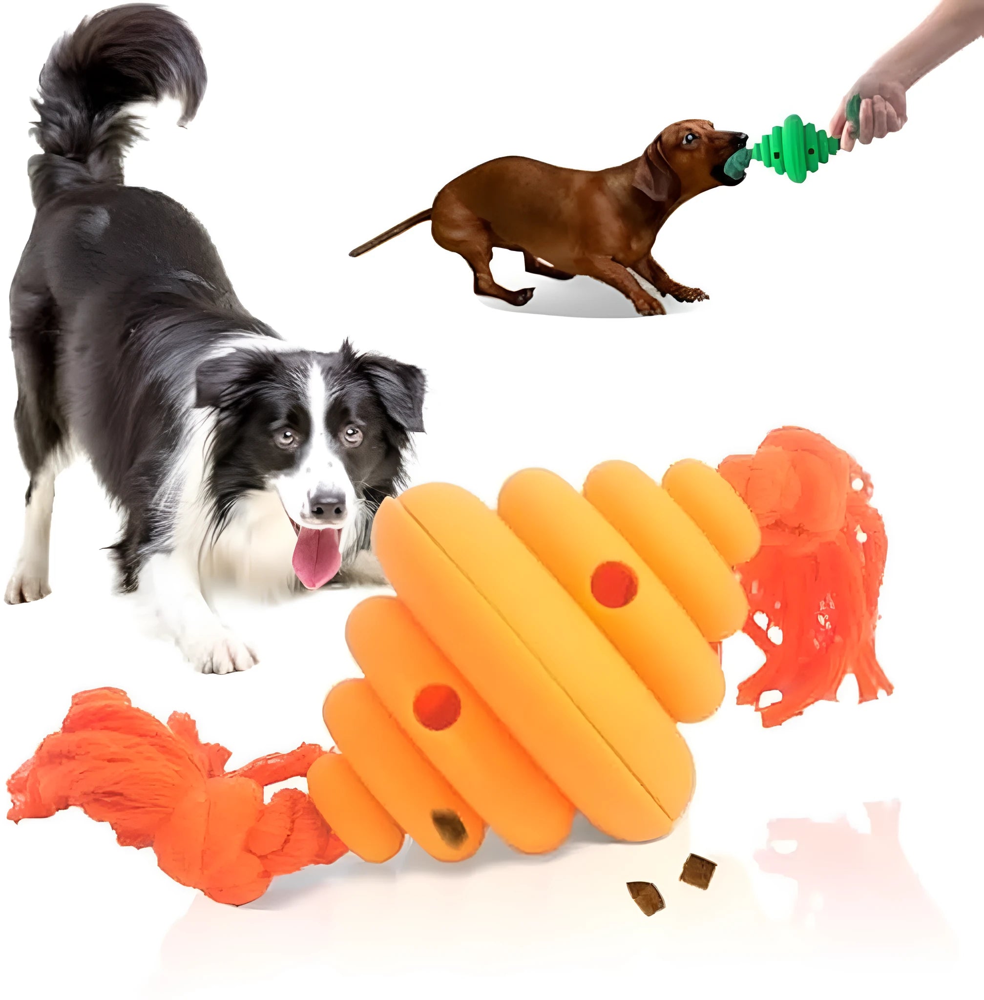 Green and yellow dog ball with rope toy showing split oval spiral design and integrated rope handle