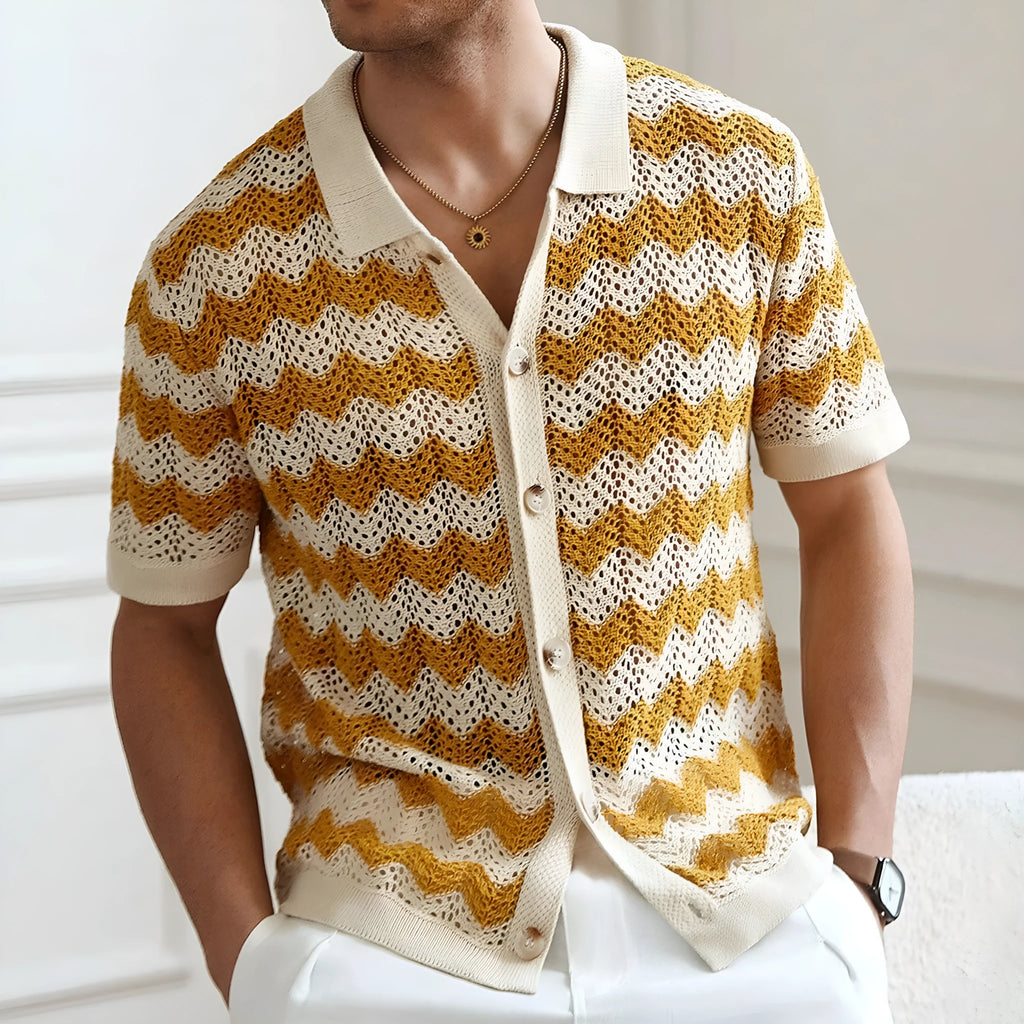 Short sleeve summer sweater with hollow jacquard corrugated flocking design in Tencel fabric