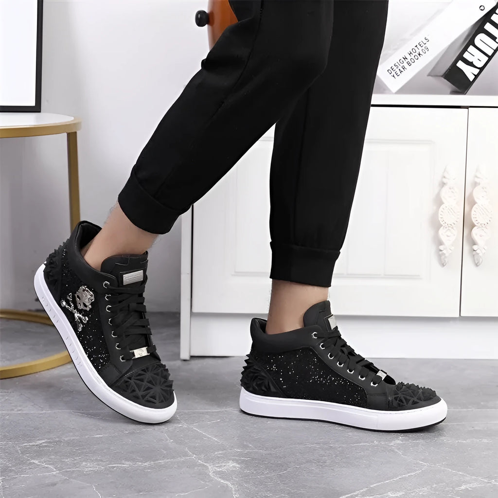 Men's black genuine leather high top skeleton shoes with red laces, showing round toe and rubber sole.