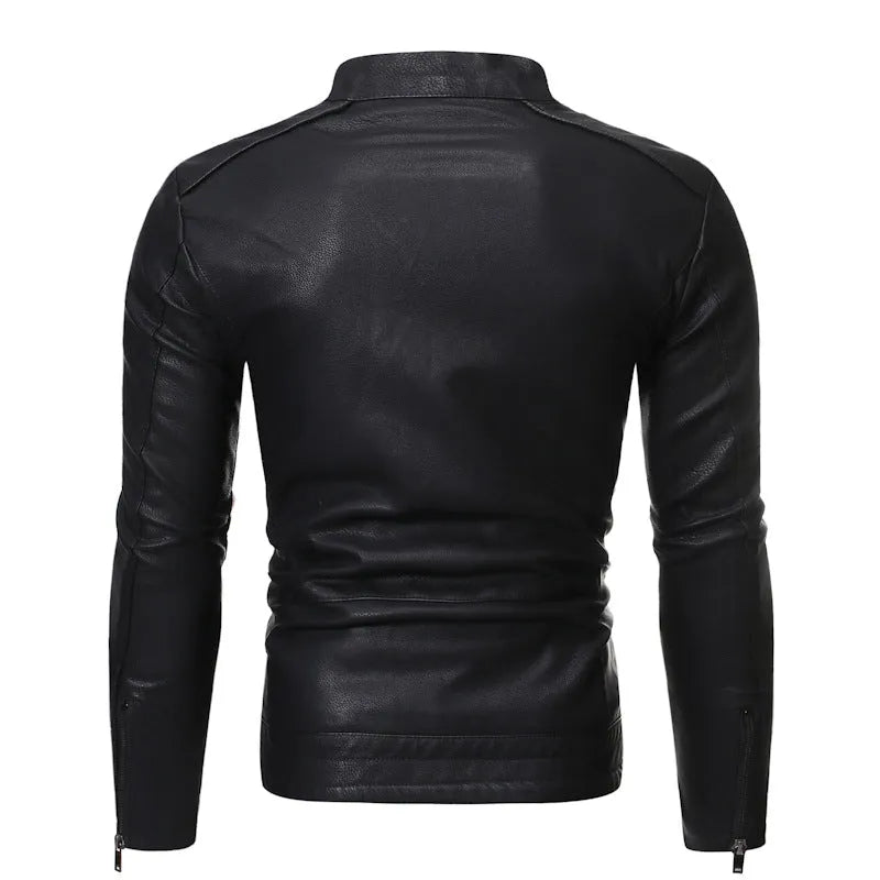 Men's cowhide motorcycle leather jacket in black plain style with pocket decoration