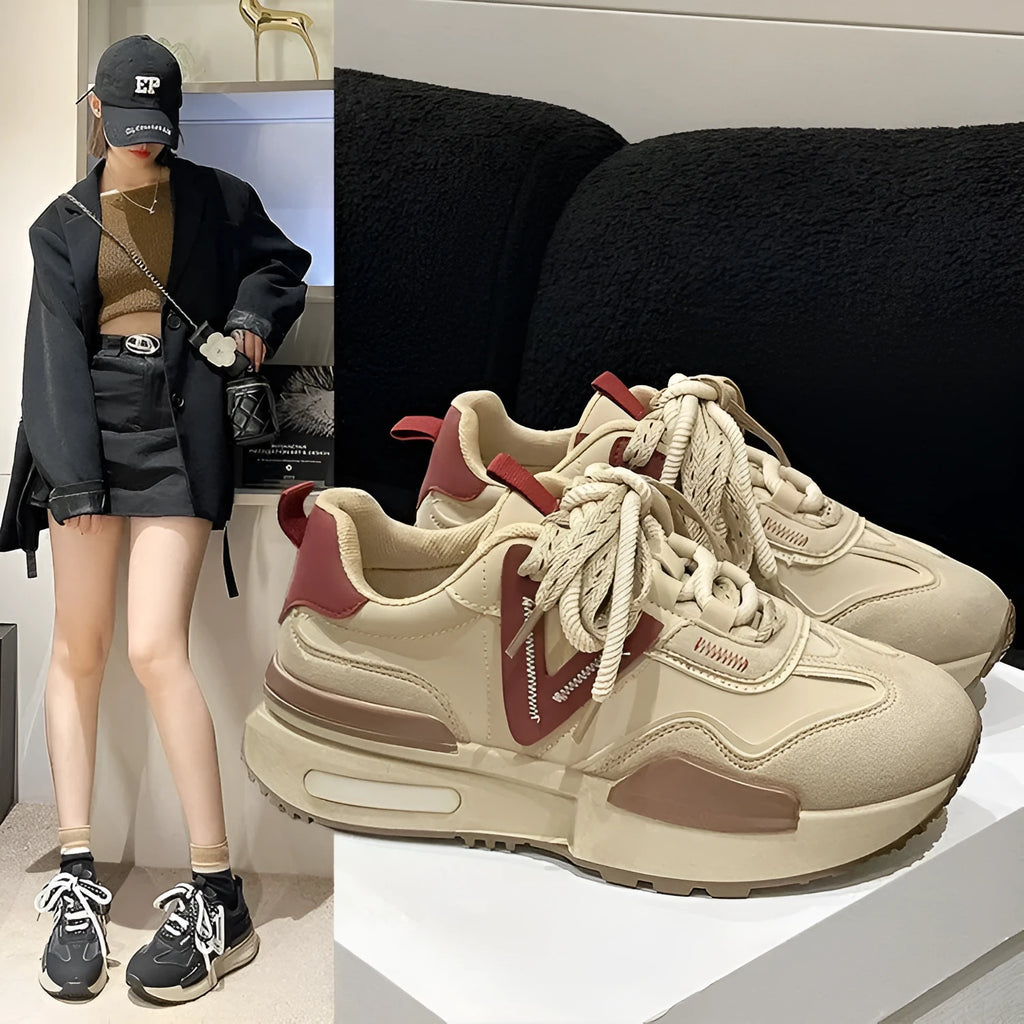Women's black retro platform sports shoes with artificial PU upper and rubber sole