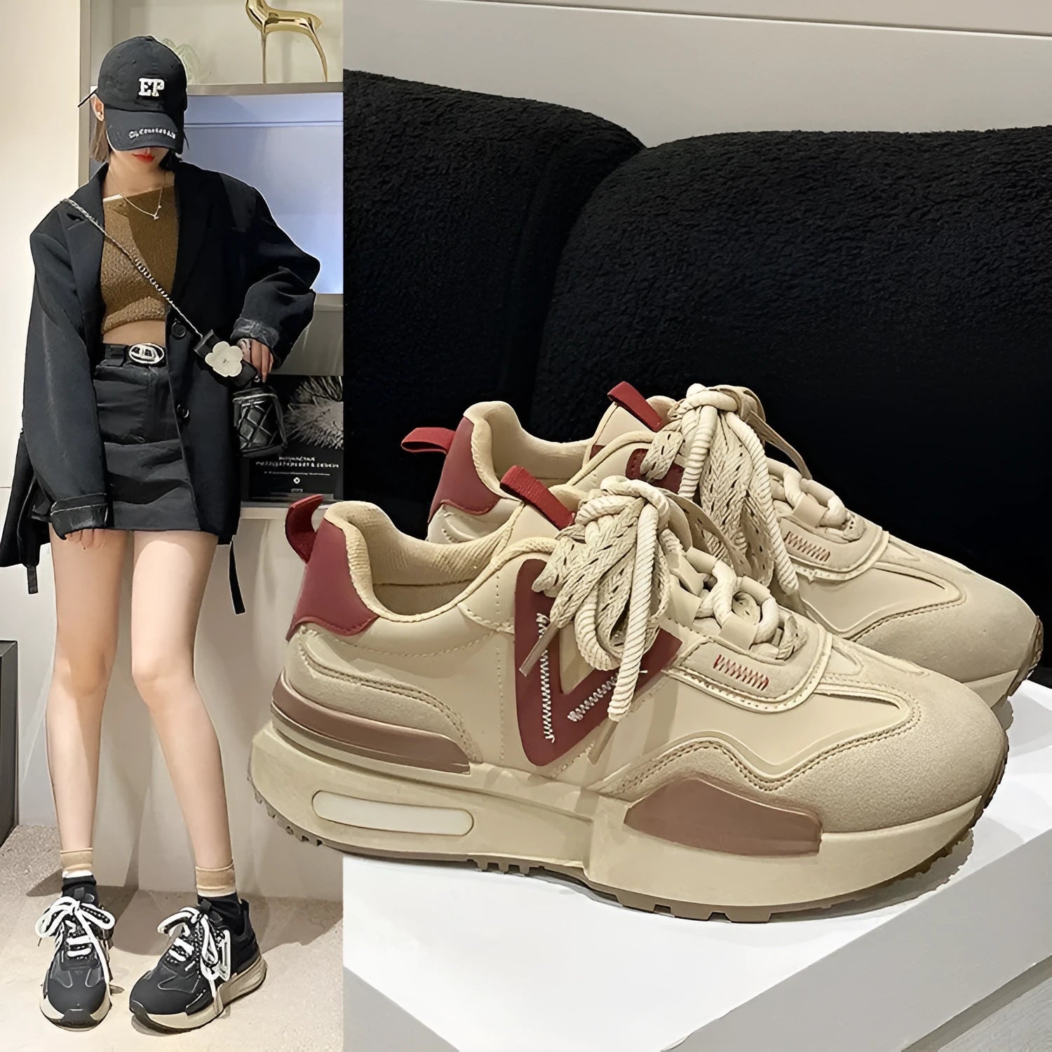 Women's black retro platform sports shoes with artificial PU upper and rubber sole