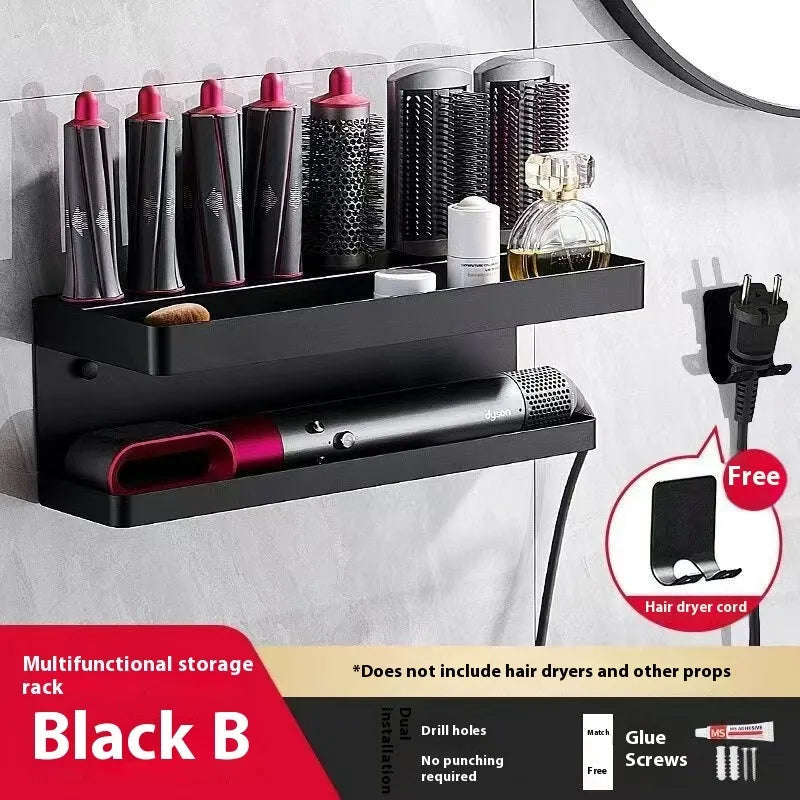 White double-layer aluminium bathroom storage rack holding hair curlers with punch-free mounting