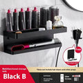 White double-layer aluminium bathroom storage rack holding hair curlers with punch-free mounting