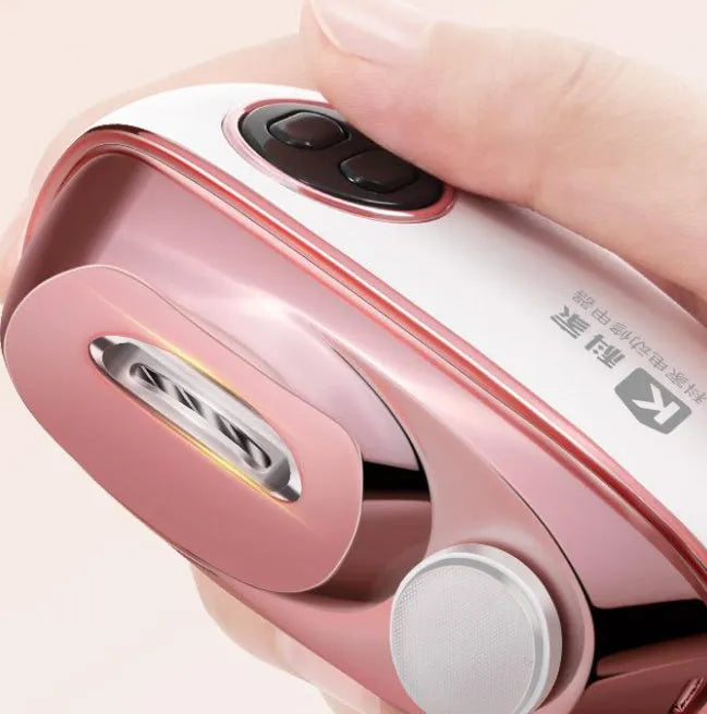 Blue, orange and white electric nail clipper and polisher two-in-one device with USB Type-C cable and cleaning brush.