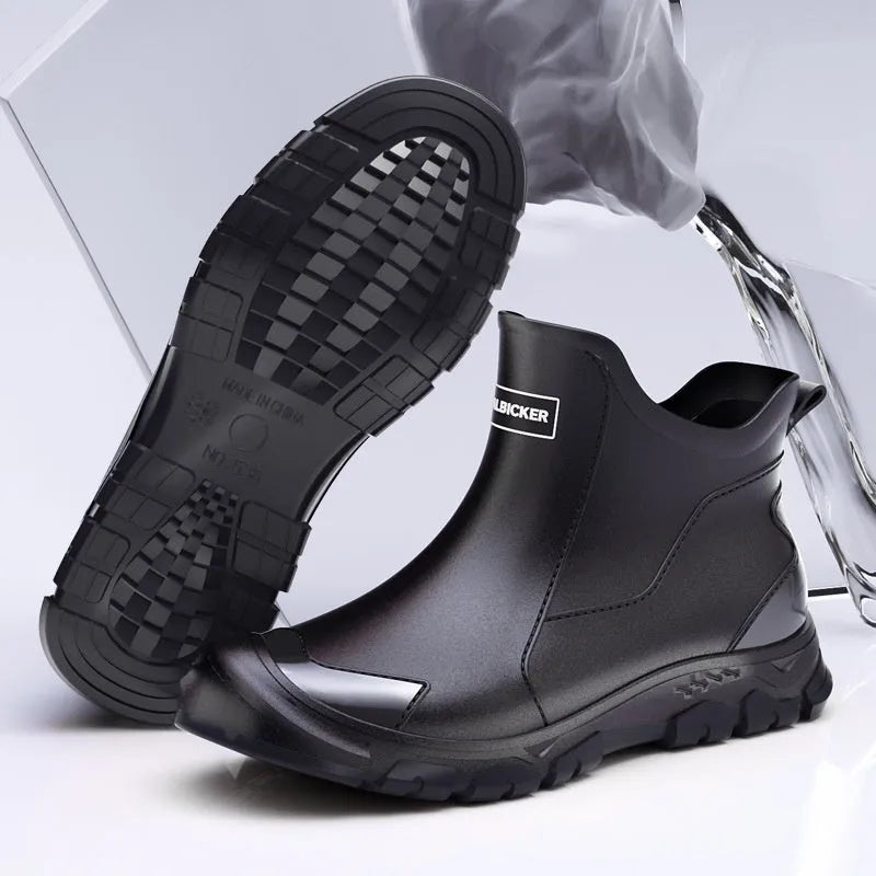 Short tube Korean style PVC rain boots with plastic soles in beige, black, and black-red colours.