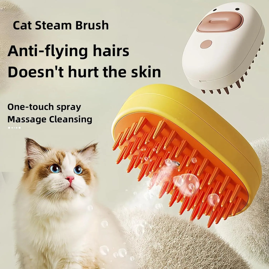 White and yellow rechargeable steam brush for grooming dogs and cats on a table.