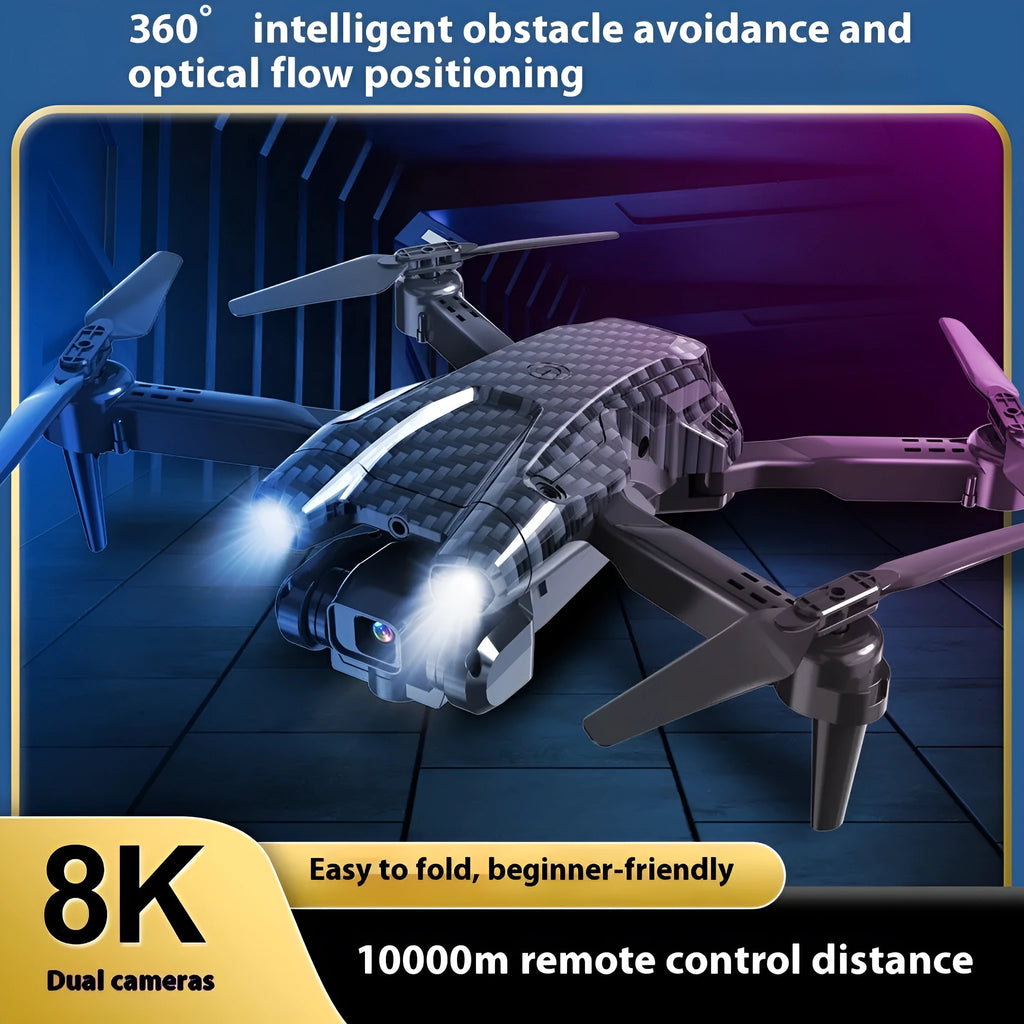 Black S138 carbon fibre appearance folding UAV drone with dual cameras for obstacle avoidance aerial photography.