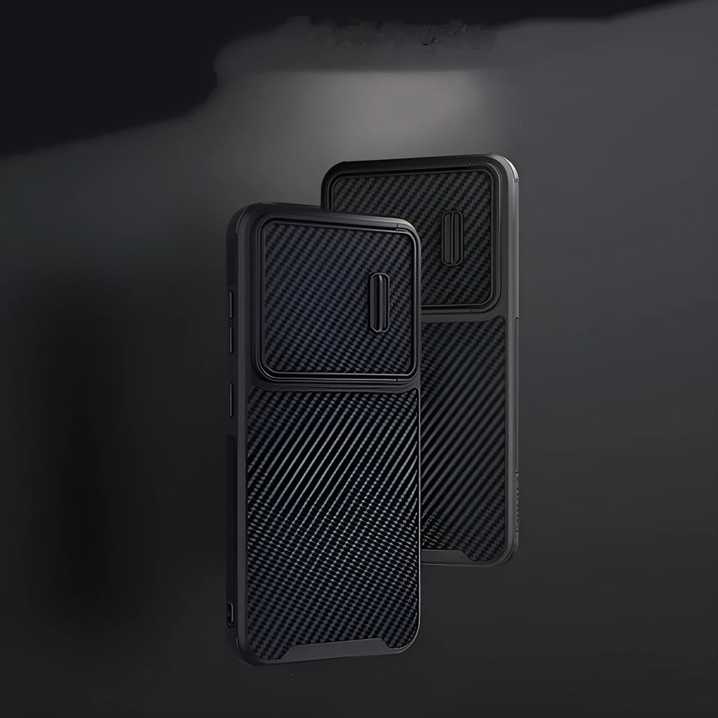 Black carbon fibre reinforced Samsung S23 Ultra phone case with lens push cover