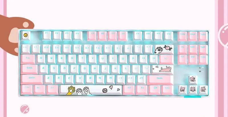 87-key RGB green shaft mechanical keyboard with metal panel, pink and white colour, and cotton hand rest