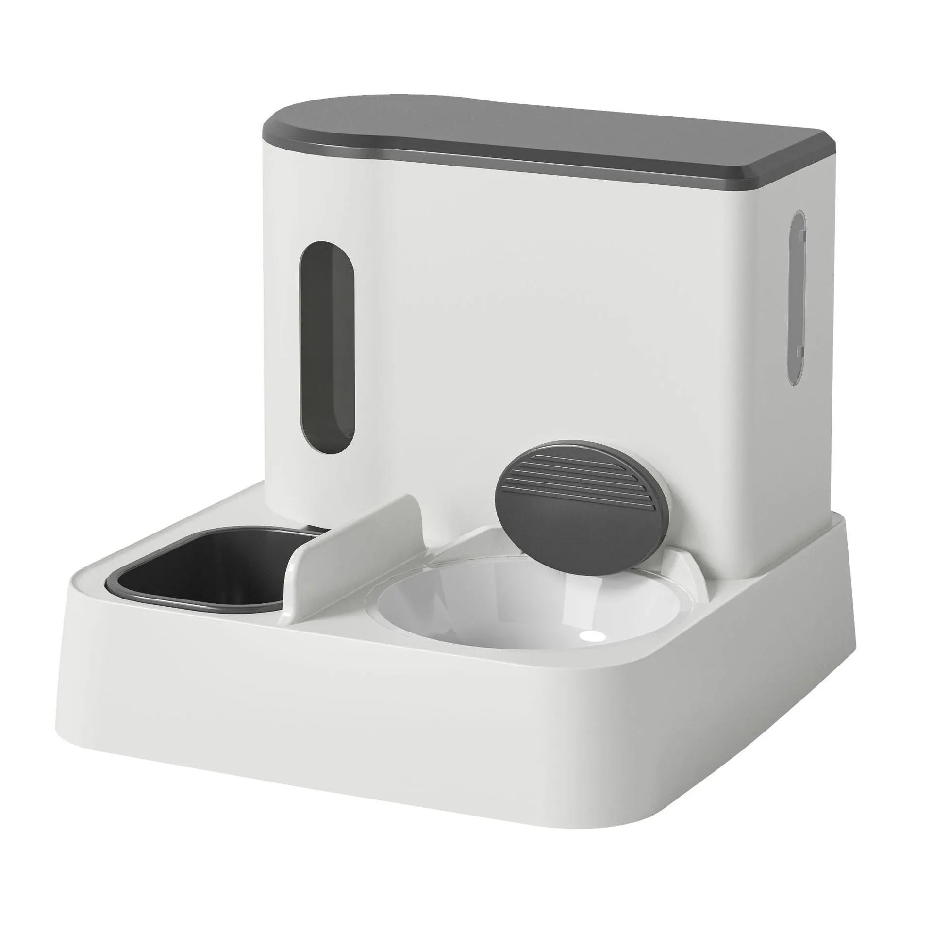 Automatic cat feeder and water dispenser with integrated double bowl in grey, green, or yellow