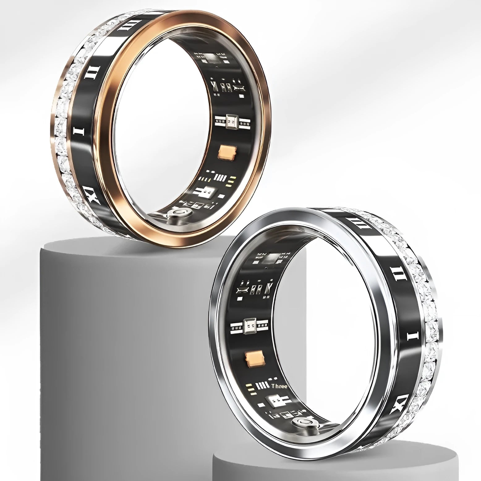 Diamond-inlaid smart ring with metal finish showing integrated sensor for blood oxygen monitoring
