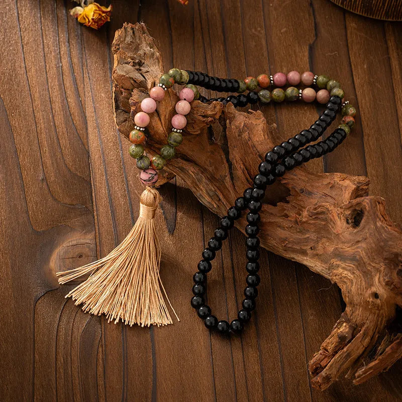 Bohemian vintage necklace and bracelet set with geometric round stone beads in electroplated finish