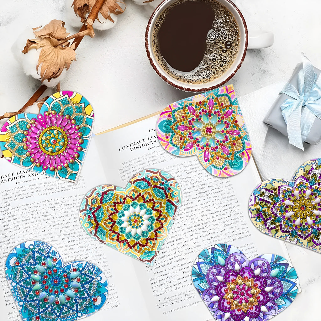 Six handmade PU leather bookmarks with crystal flower cornerite designs in modern simplicity style