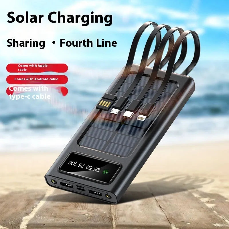 Solar power bank with integrated charging cable in black or white plastic casing