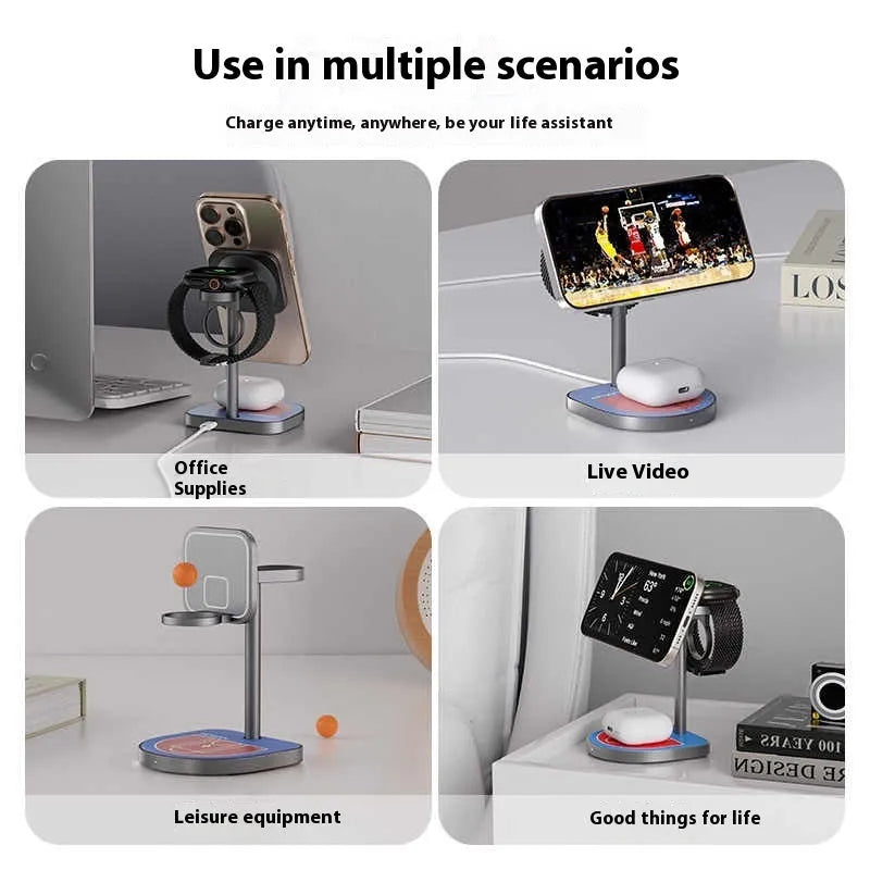 Three-in-one basketball magnetic wireless charger with aluminium alloy body in black, red blue, or silver grey