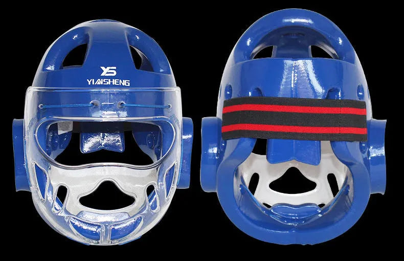 Karate protective helmet in white, blue, or red colour available in S, M, L, XL sizes for martial arts training