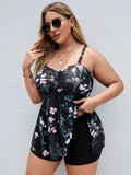 Women's floral print one-piece swimsuit in split colours with extended sizing options