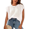 White crochet knit sweater pullover with round neck and long sleeves on hanger