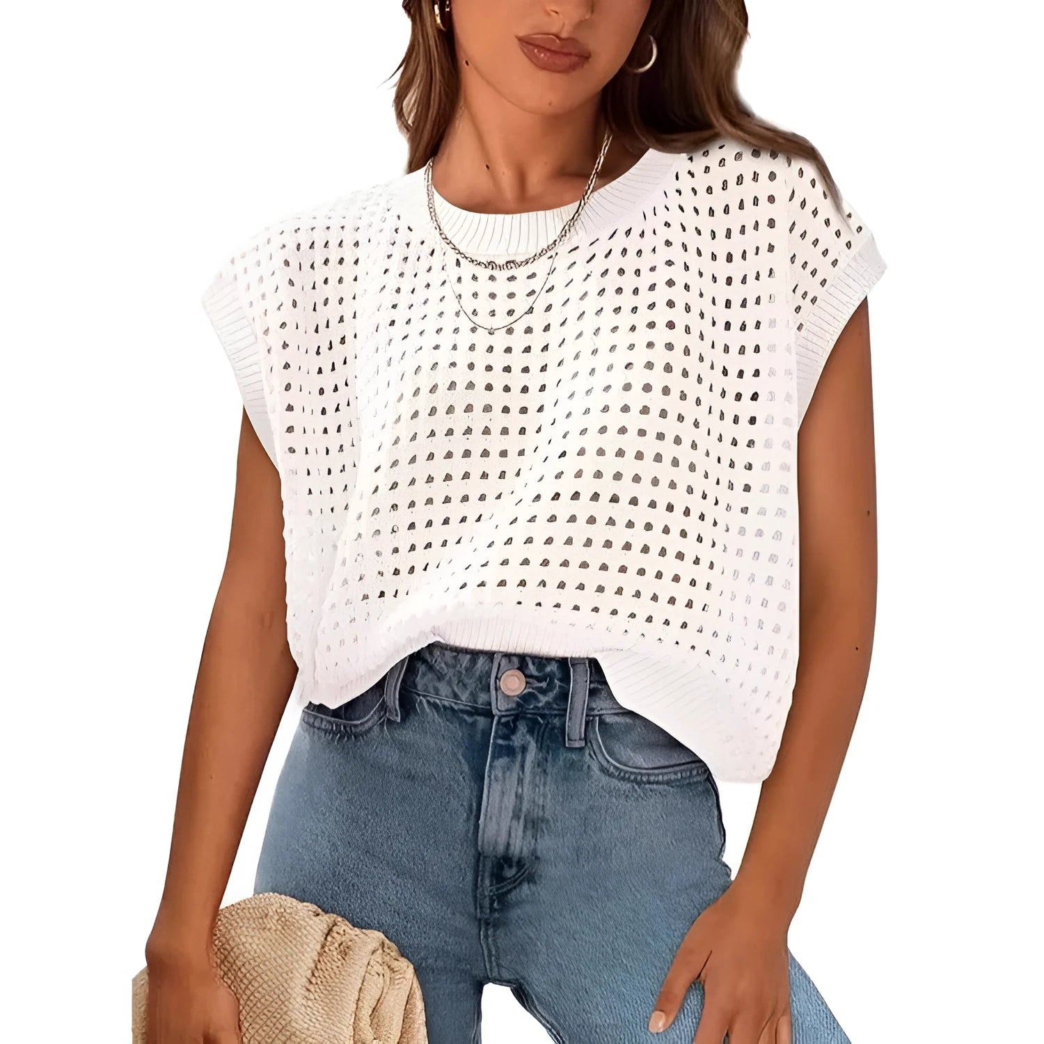 White crochet knit sweater pullover with round neck and long sleeves on hanger
