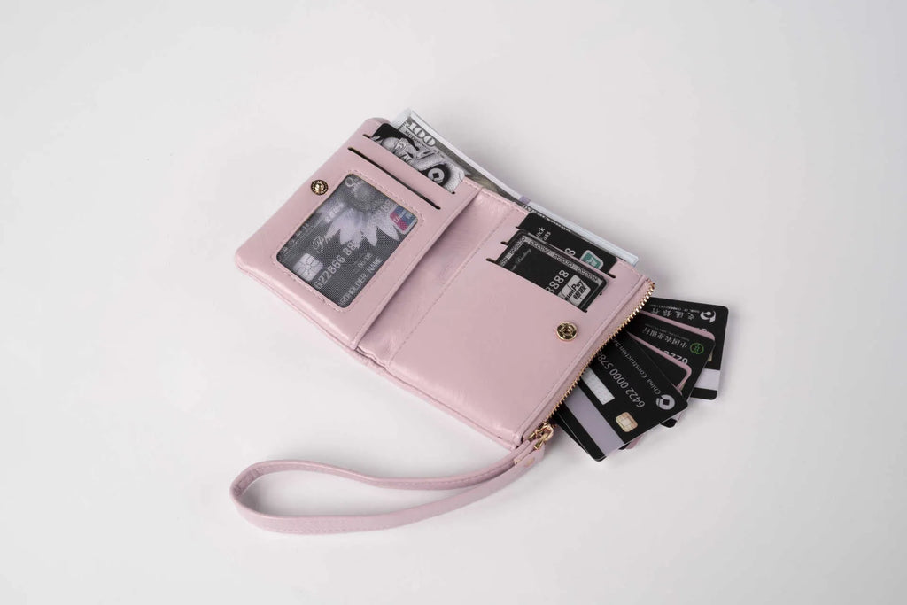 Women's short PU zipper wallet in khaki with stone pattern decorative element, compact design.
