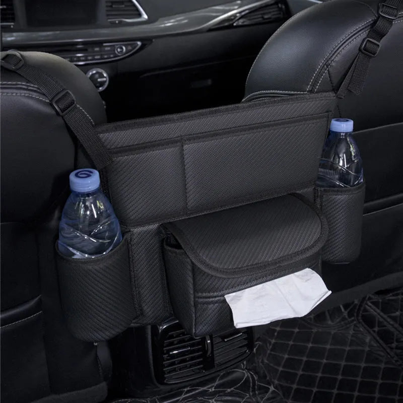 Black leather car seat hanging storage bag with tissue box between car armrests