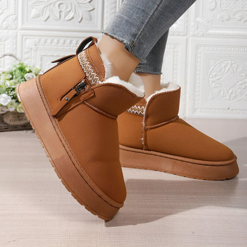 Women’s suede side zipper platform snow boots in black with wool lining and round toe