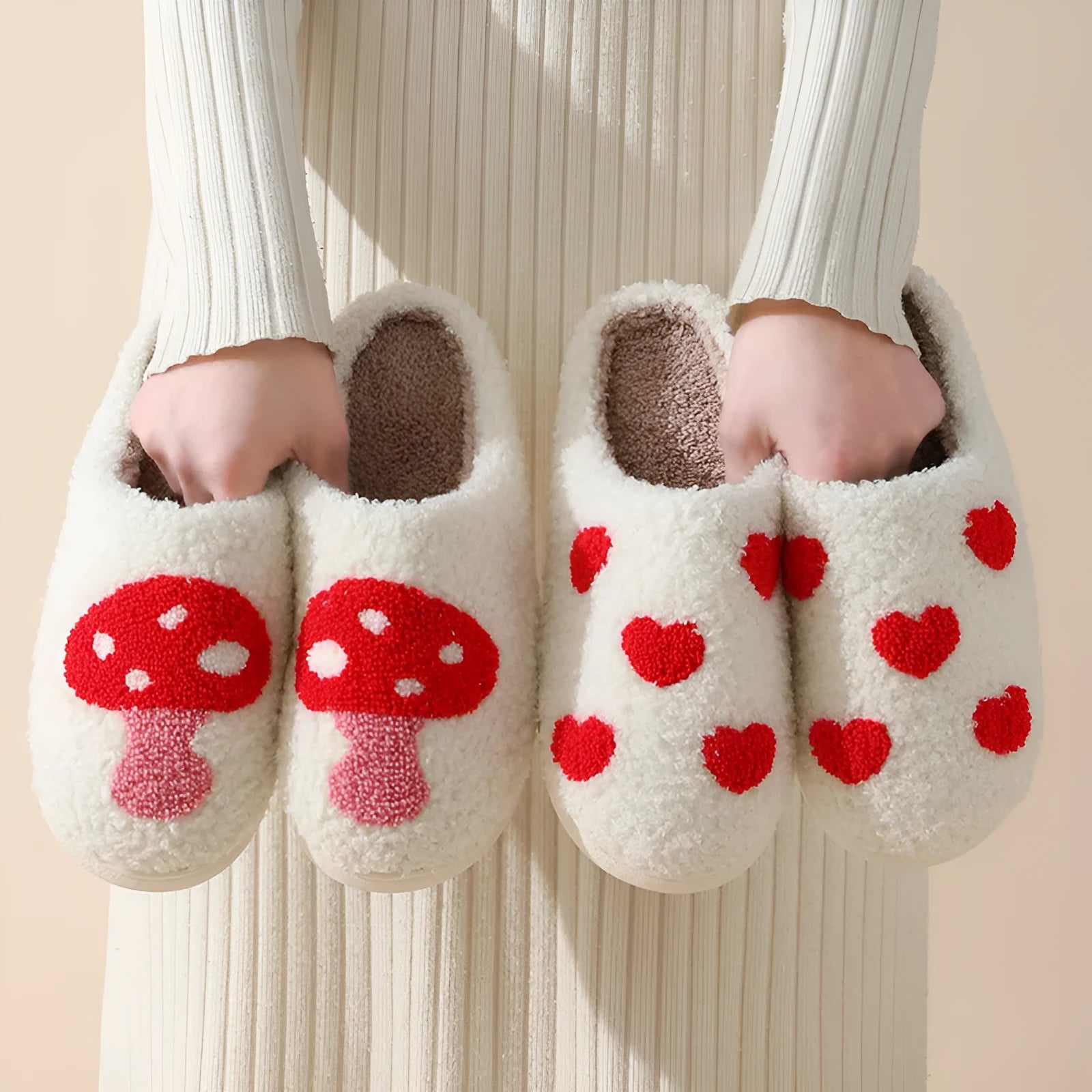 Plush cartoon love style slippers for women with non-slip PVC soles in multiple colours.