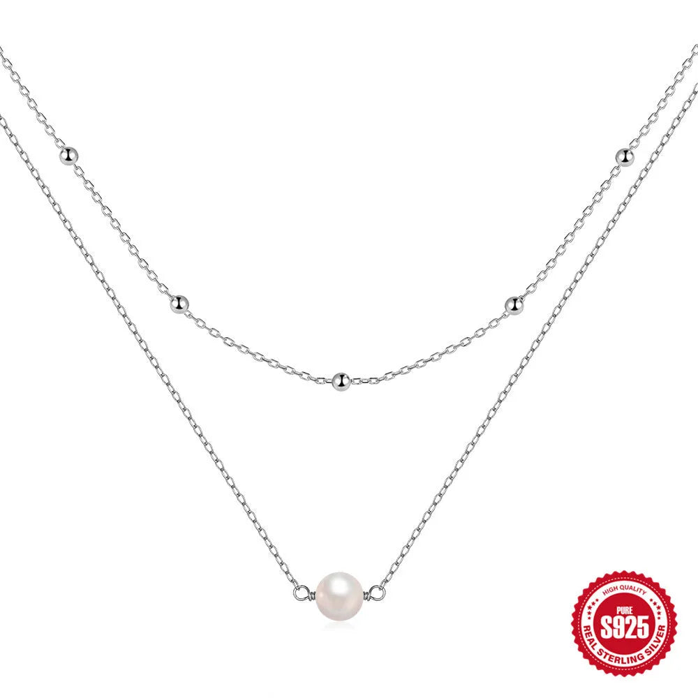 S925 sterling silver women's necklace with double layer twin pearls in gold or white gold colour options