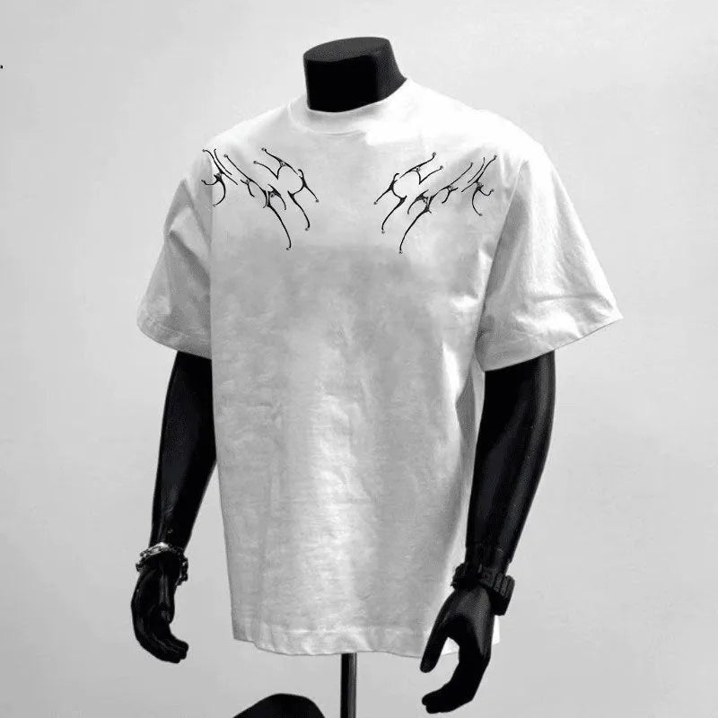 Men's black and white loose-fit pure cotton short sleeve casual shirt on a hanger.