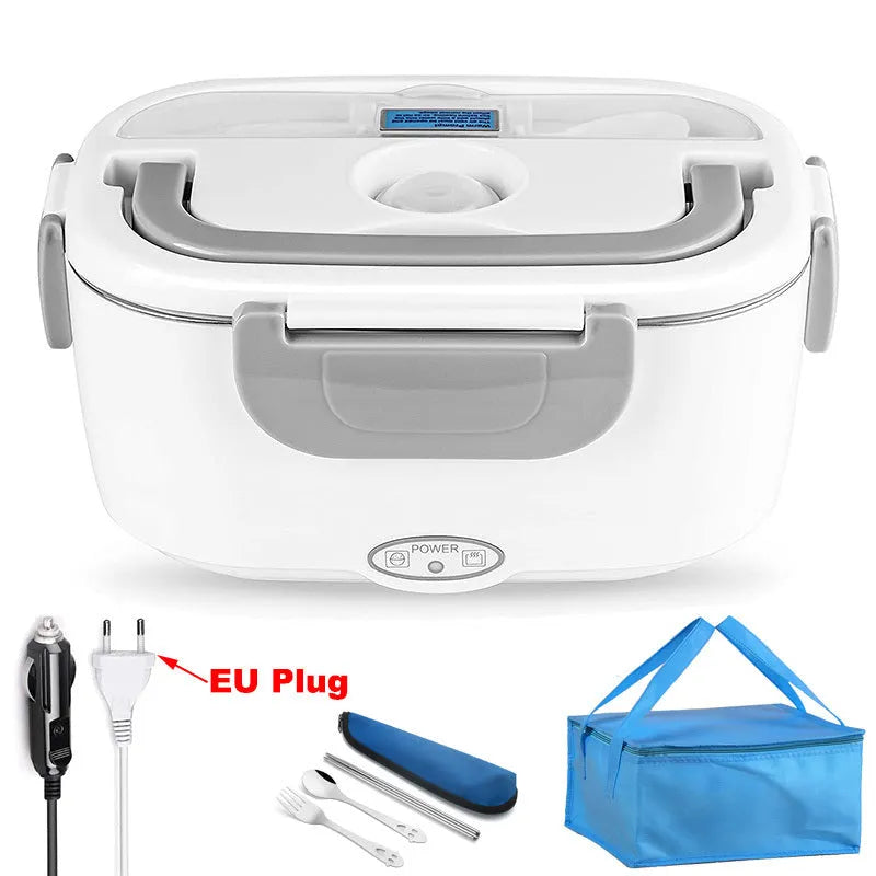 Grey dual-power electric heating lunch box with car and home connectors showing stainless steel inner tank