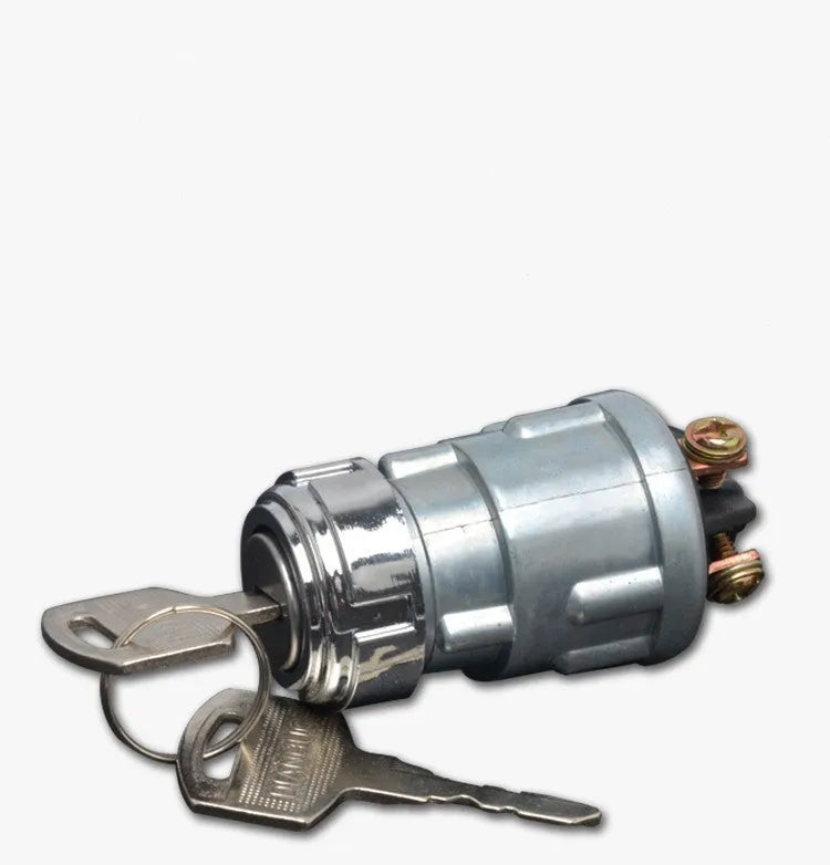 Pure copper vehicle ignition switch lock with matching key on a white background.