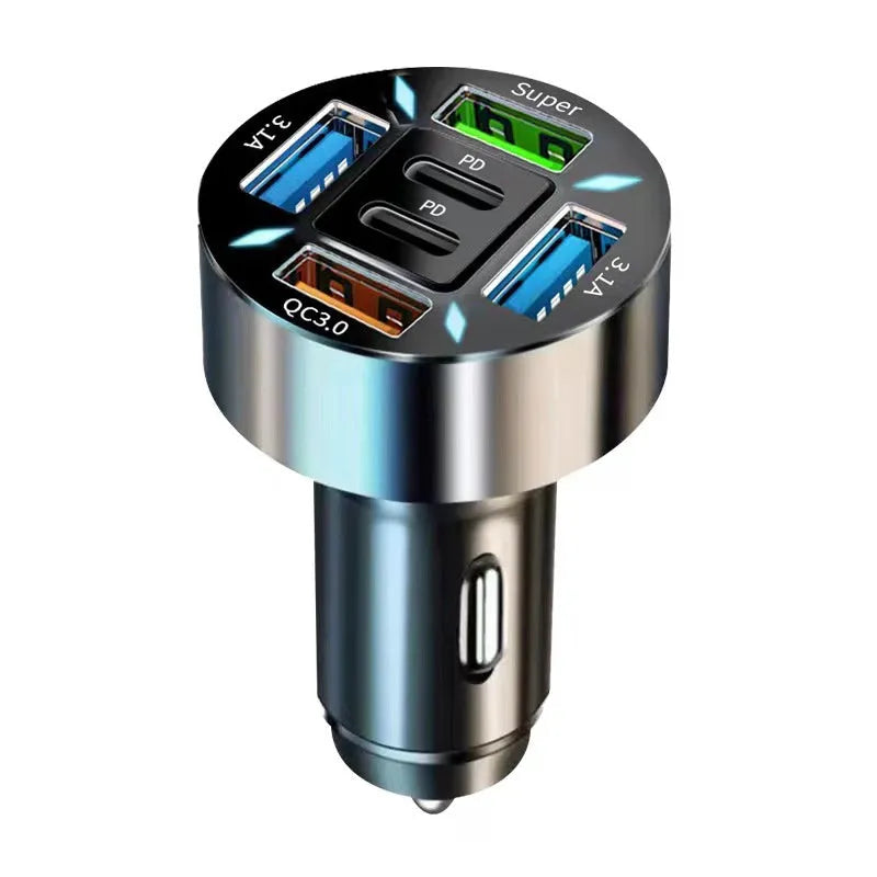 Black 4-port QC3.0 fast charge car charger with ABS body, 3.8cm cube