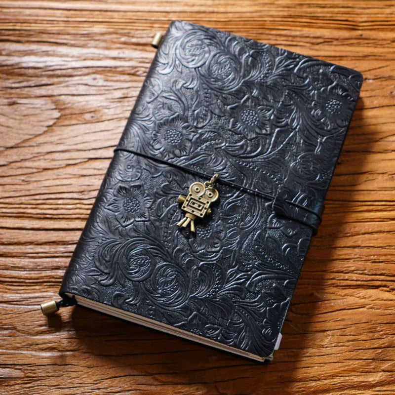 Creative vintage engraving cowhide travel notepad in black A5 size with genuine leather cover