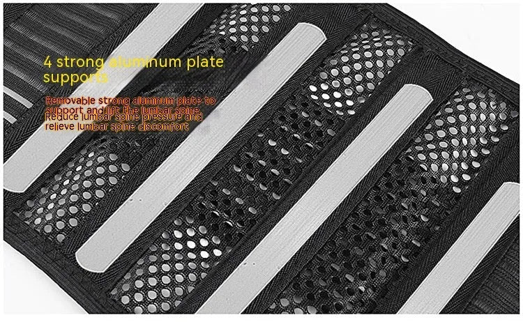 Black sports waist support belt with steel plate for decompression, shown on a model.