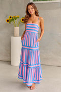 Women's striped printed suspender dress with square neckline, backless design and side pockets